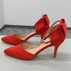 Chic Red Satin Heels with Bow by [Brand]